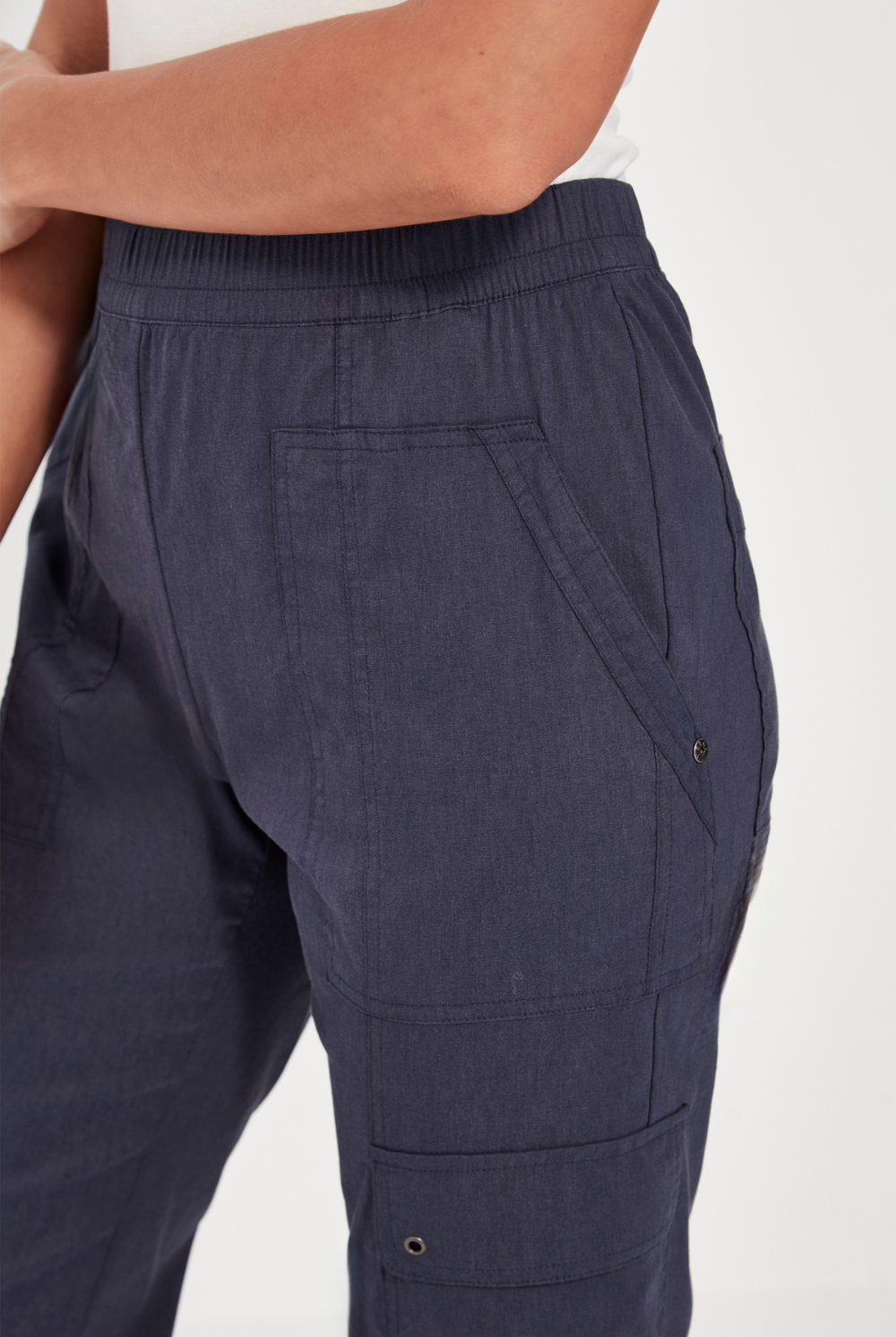 Denim marle Verge Acrobat Cargo Short with a white top on a white background. Available online at Silvermaple Boutique.