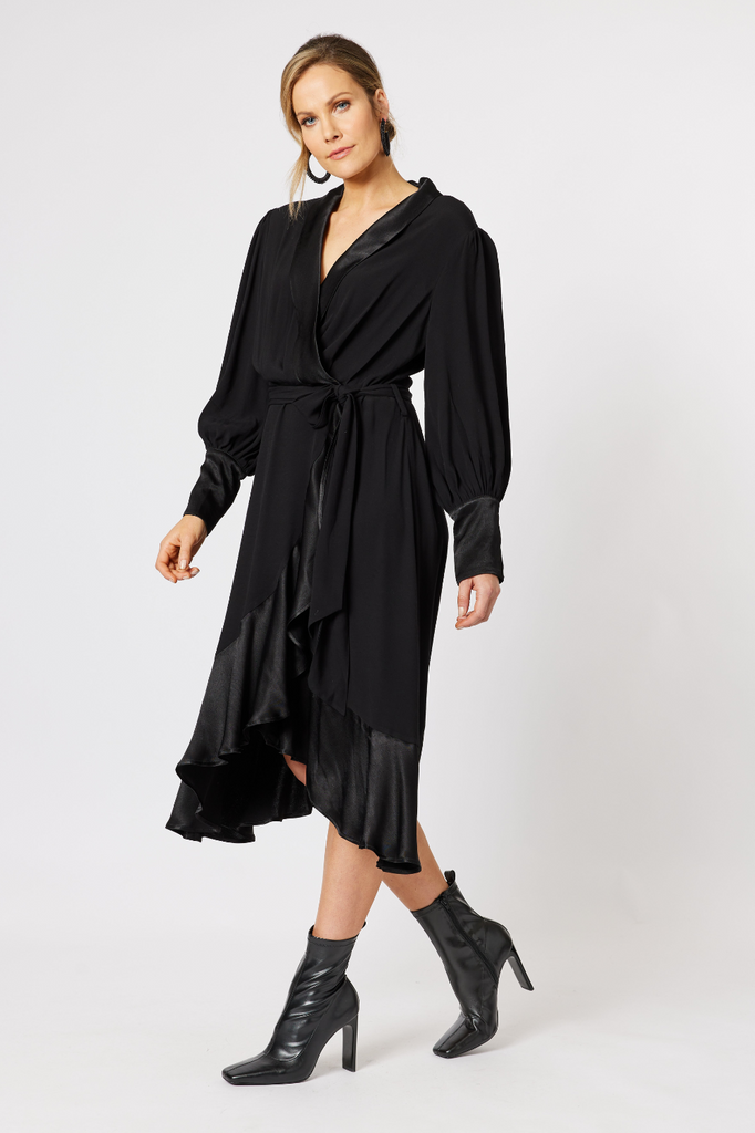 Hammock and Vine Tuxedo Satin Wrap Dress | Black_Silvermaple Boutique