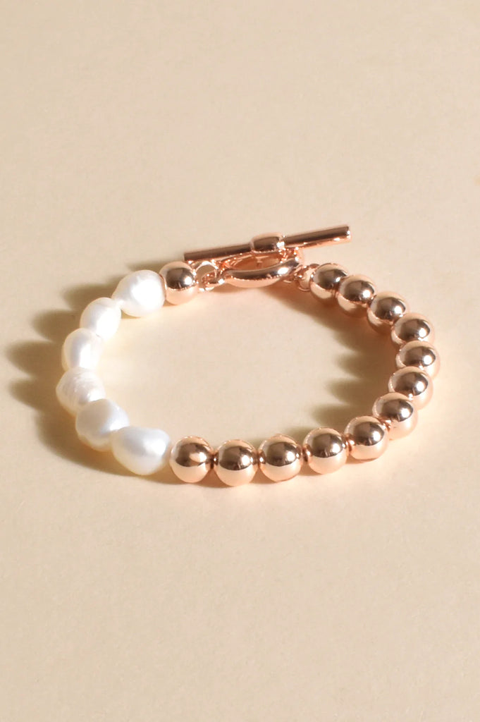 Adorne Half Pearl Metal Ball Toggle Bracelet | Gold/Cream_Silvermaple Boutique