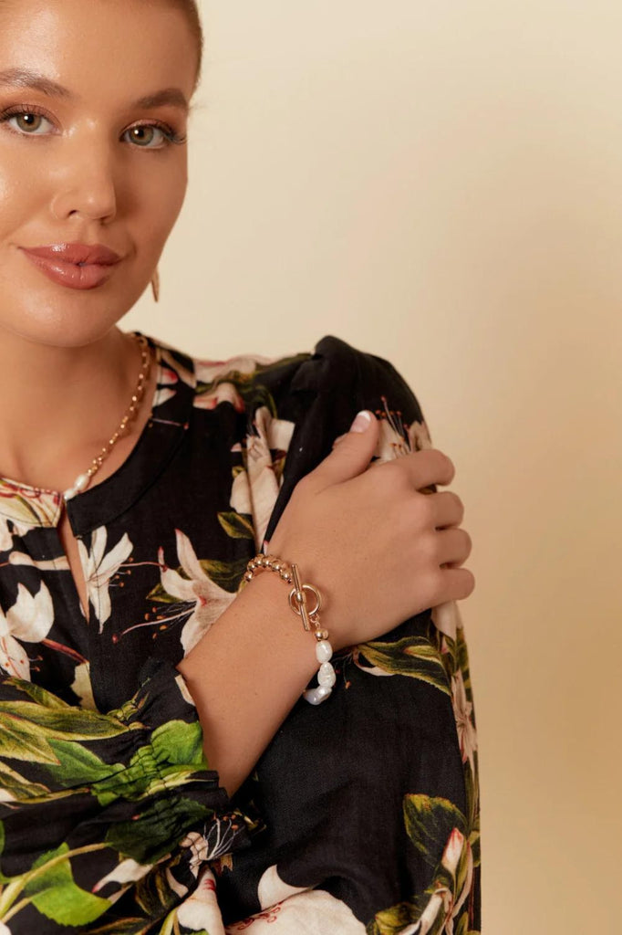 Adorne Half Pearl Metal Ball Toggle Bracelet | Gold/Cream_Silvermaple Boutique