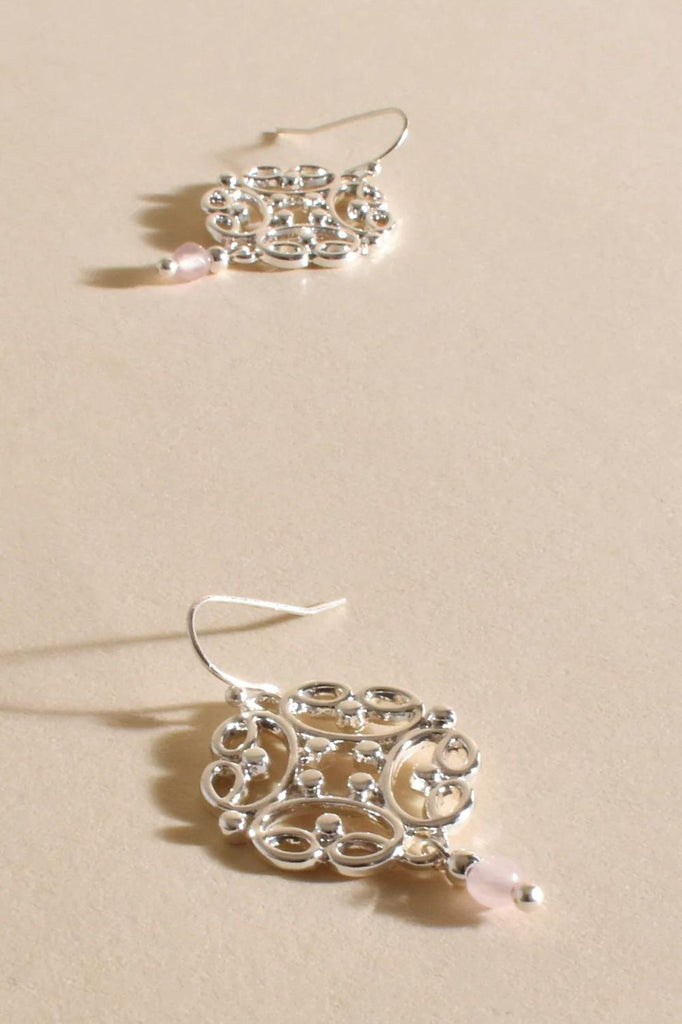 Adorne Fallon Stone Drop Filigree Hook Earrings | Pink/Silver_Silvermaple Boutique