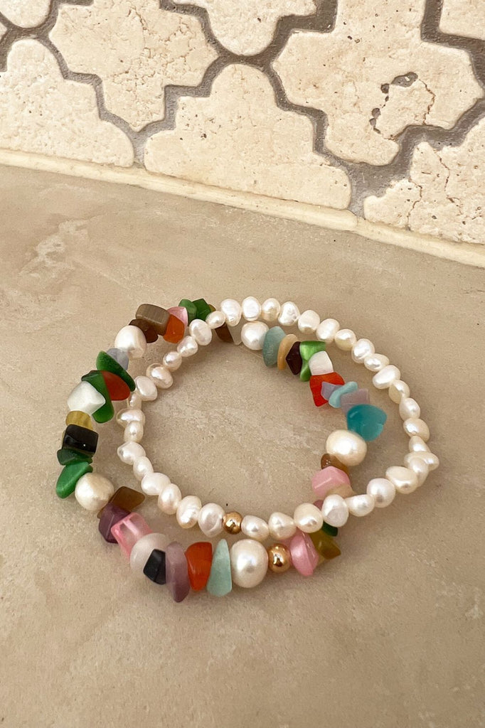 Adorn Stone Chips Pearl Bracelet Set | Green Multi_Silvermaple Boutique