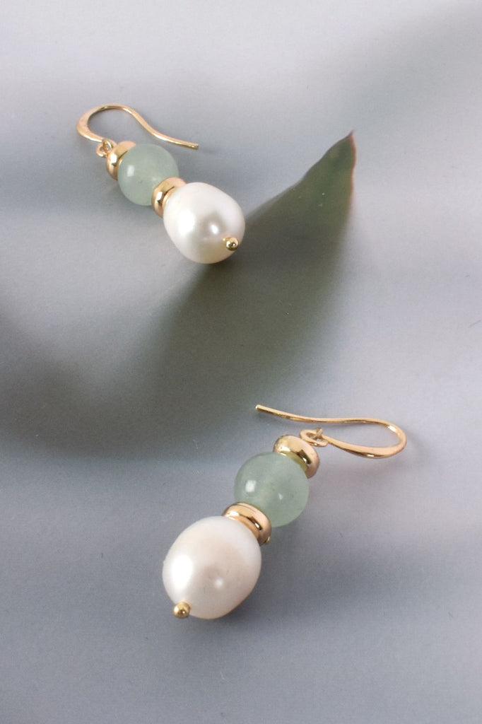 Adorn Stone Pearl Drop Earrings | Green & Gold_Silvermaple Boutique