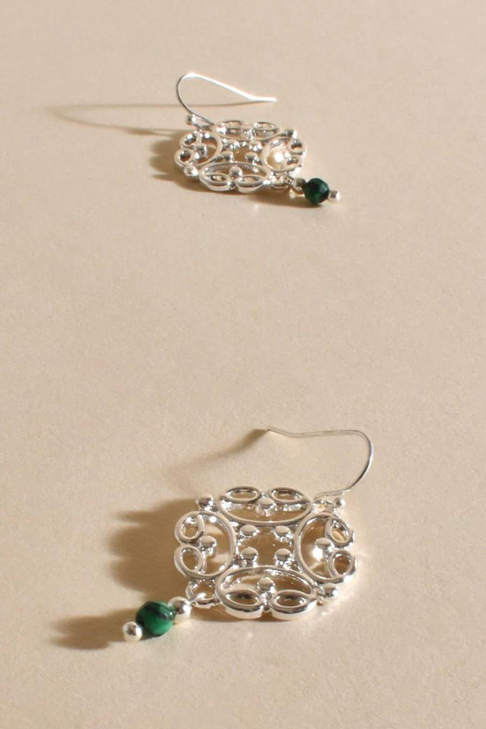 Adorne Fallon Stone Drop Filigree Hook Earrings | Green/Silver_Silvermaple Boutique
