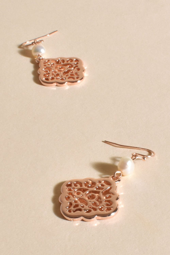 Adorne Pearl Filigree Pattern Hook Earrings | Rose Gold_Silvermaple Boutique