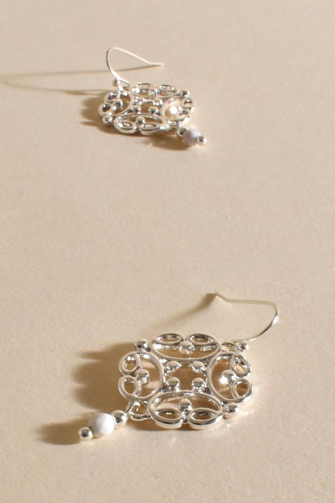 Adorne Fallon Stone Drop Filigree Hook Earrings | White/Silver_Silvermaple Boutique