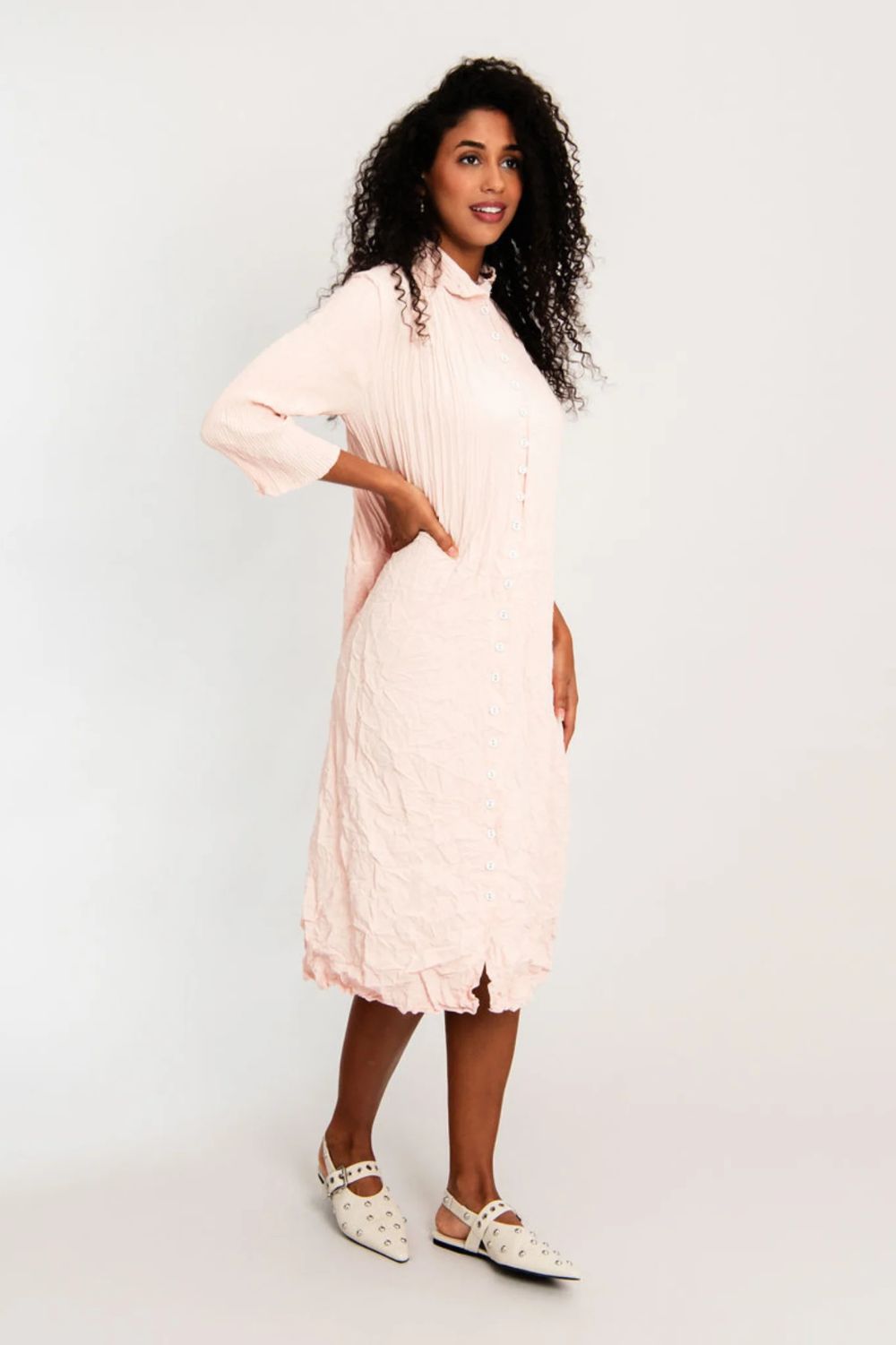 Alquema - Alquema Nehru Coat Dress | Pale Pink & White Stitching - Dress - Silvermaple Boutique 