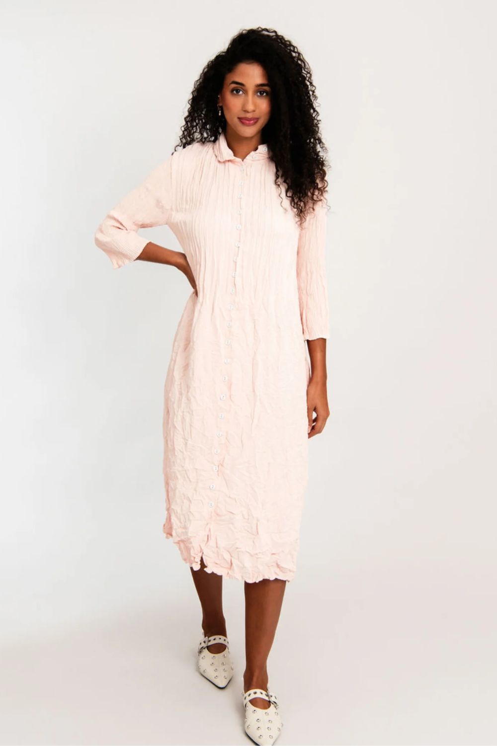 Alquema - Alquema Nehru Coat Dress | Pale Pink & White Stitching - Dress - Silvermaple Boutique 