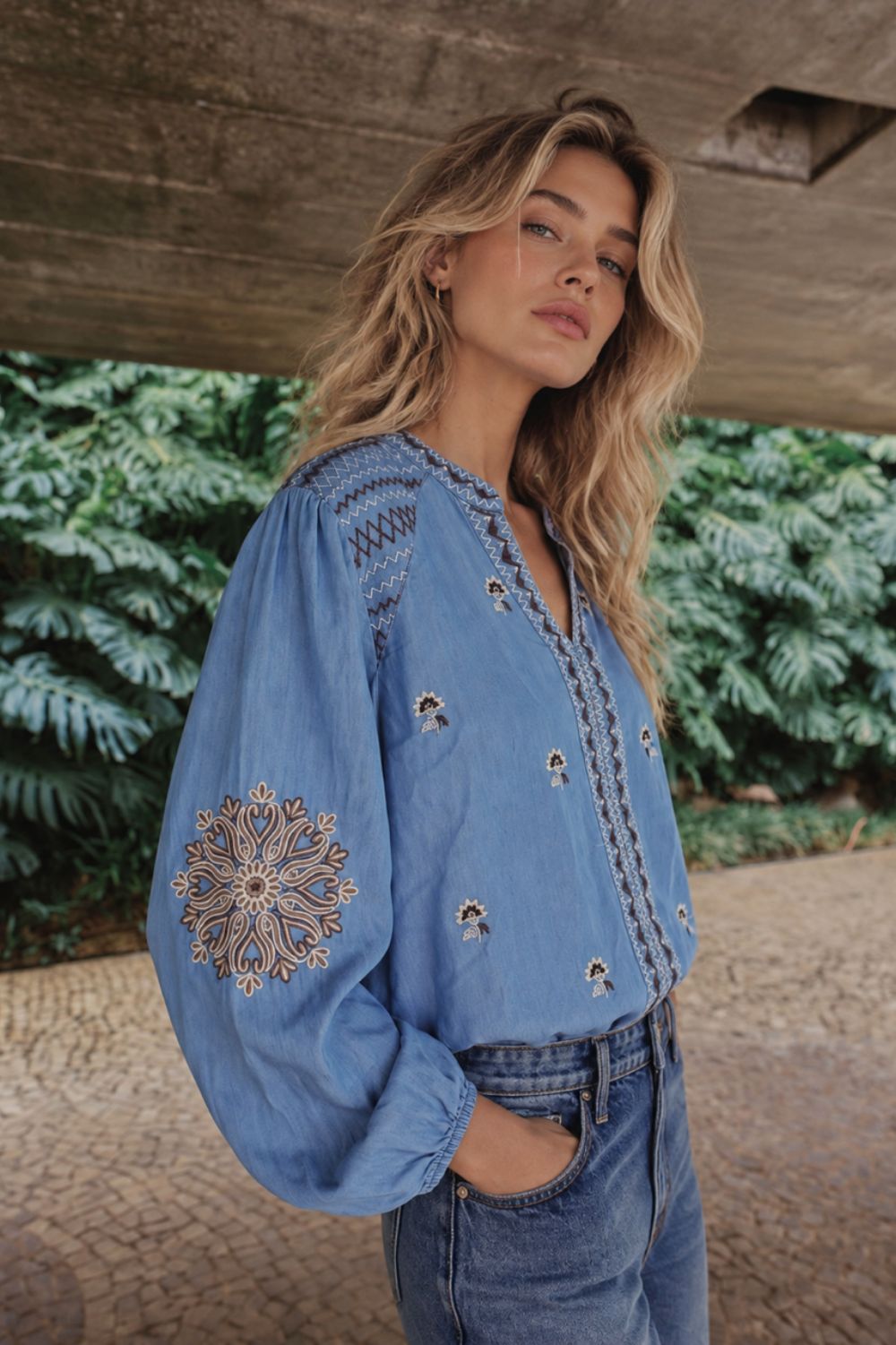 Fashion Curated - Boho Chambray Blouse | Mid Blue - Blouse - Silvermaple Boutique 