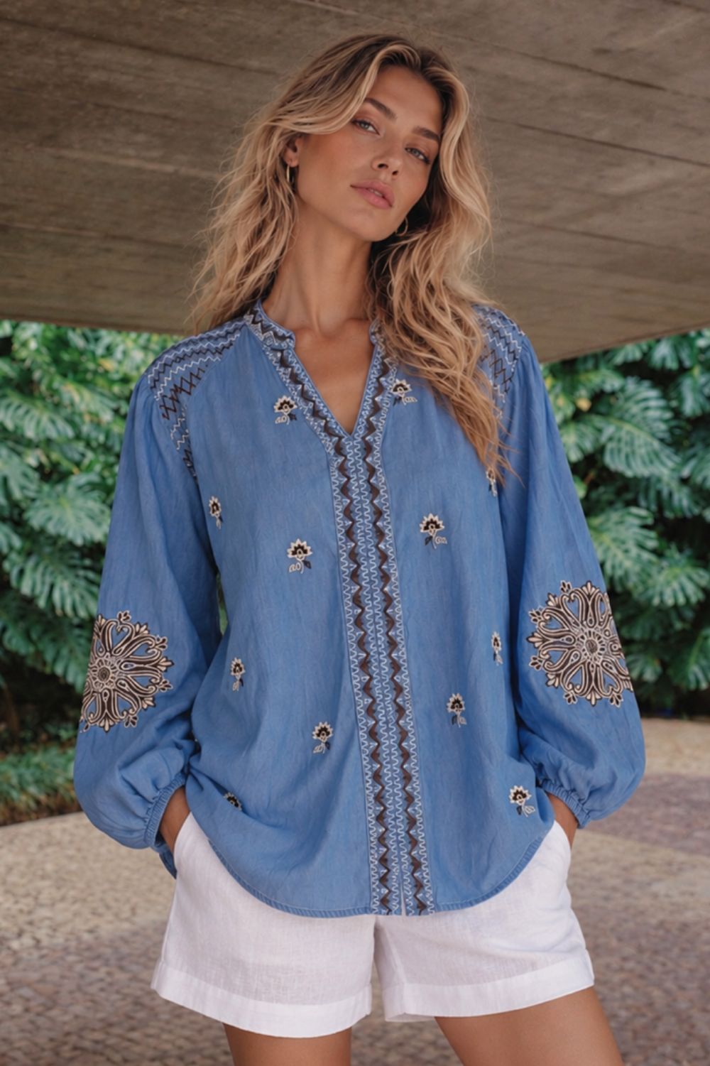 Fashion Curated - Boho Chambray Blouse | Mid Blue - Blouse - Silvermaple Boutique 