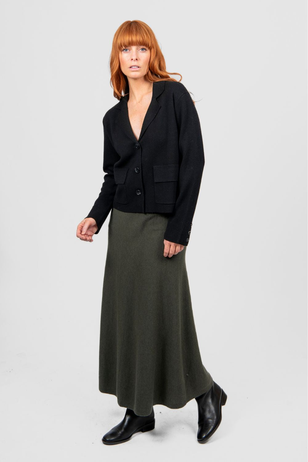 Bridge & Lord - Milano Flared Knit Skirt | Olive - Skirt - Silvermaple Boutique 