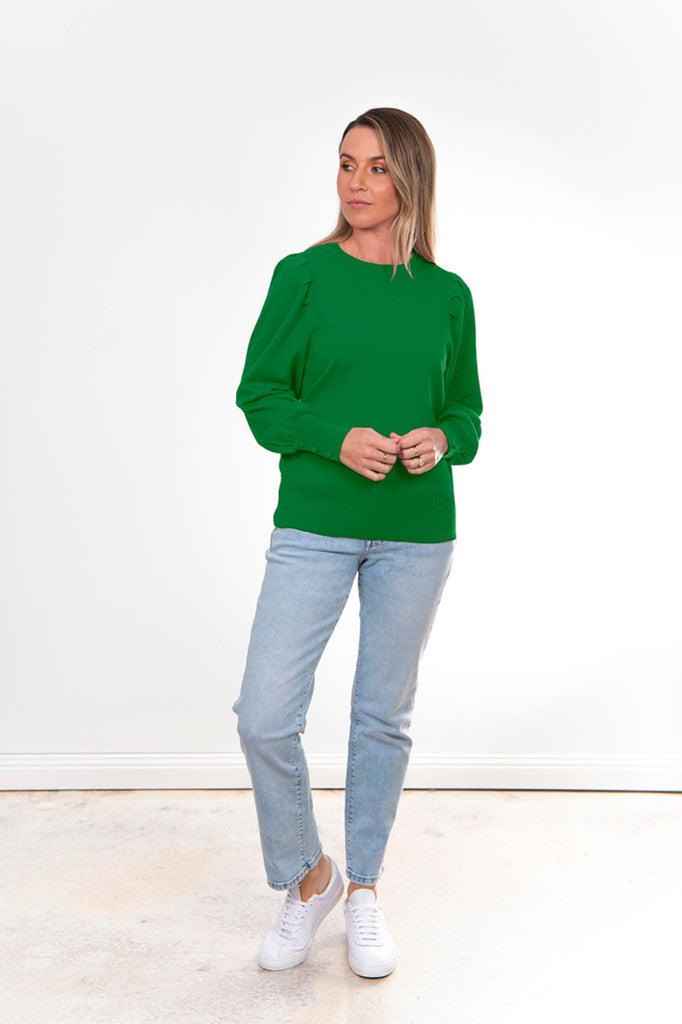 Bridge & Lord Crew Neck Pullover With Puff Sleeve | Jungle Green_Silvermaple Boutique