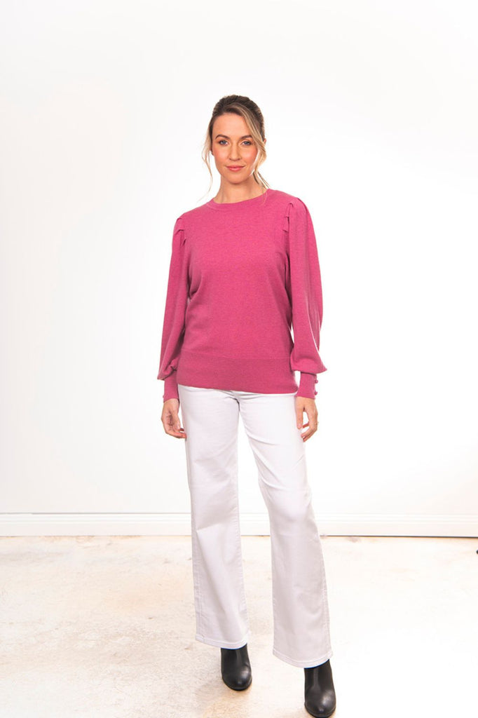 Bridge & Lord Crew Neck Pullover With Puff Sleeve | Pink Rose_Silvermaple Boutique
