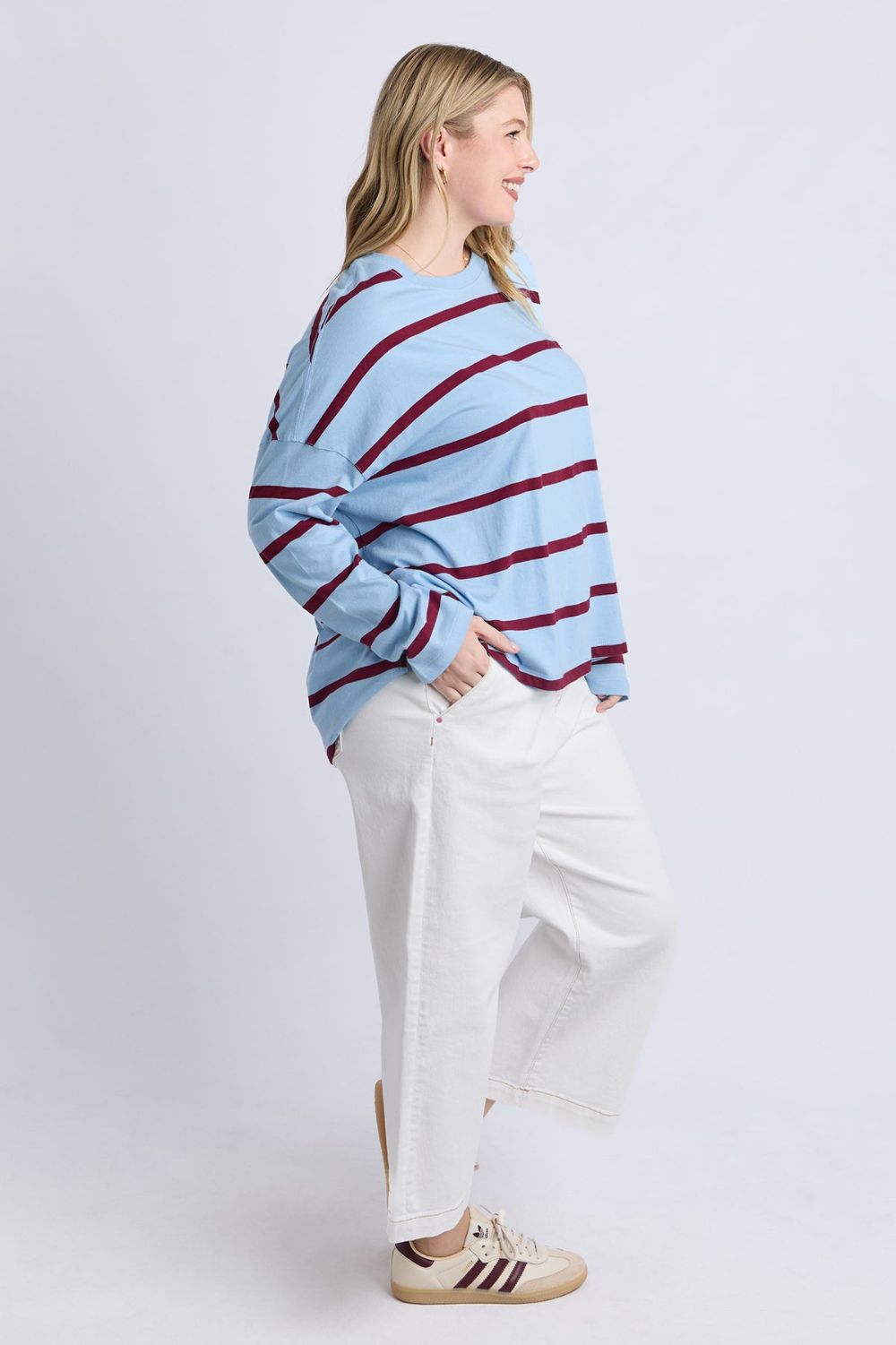 Elm Lifestyle - Callie Stripe L/S Tee | Light Blue & Plum Stripe - Top - Silvermaple Boutique 