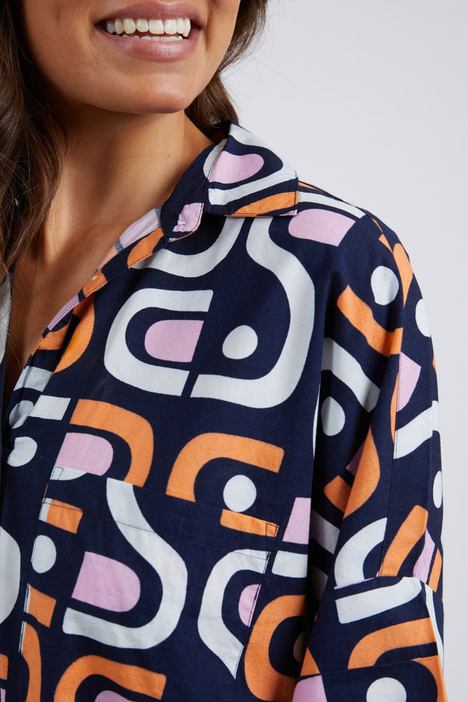Elm Lifestyle Kirby Geo Shirt Dress | Navy Geo Print_Silvermaple Boutique