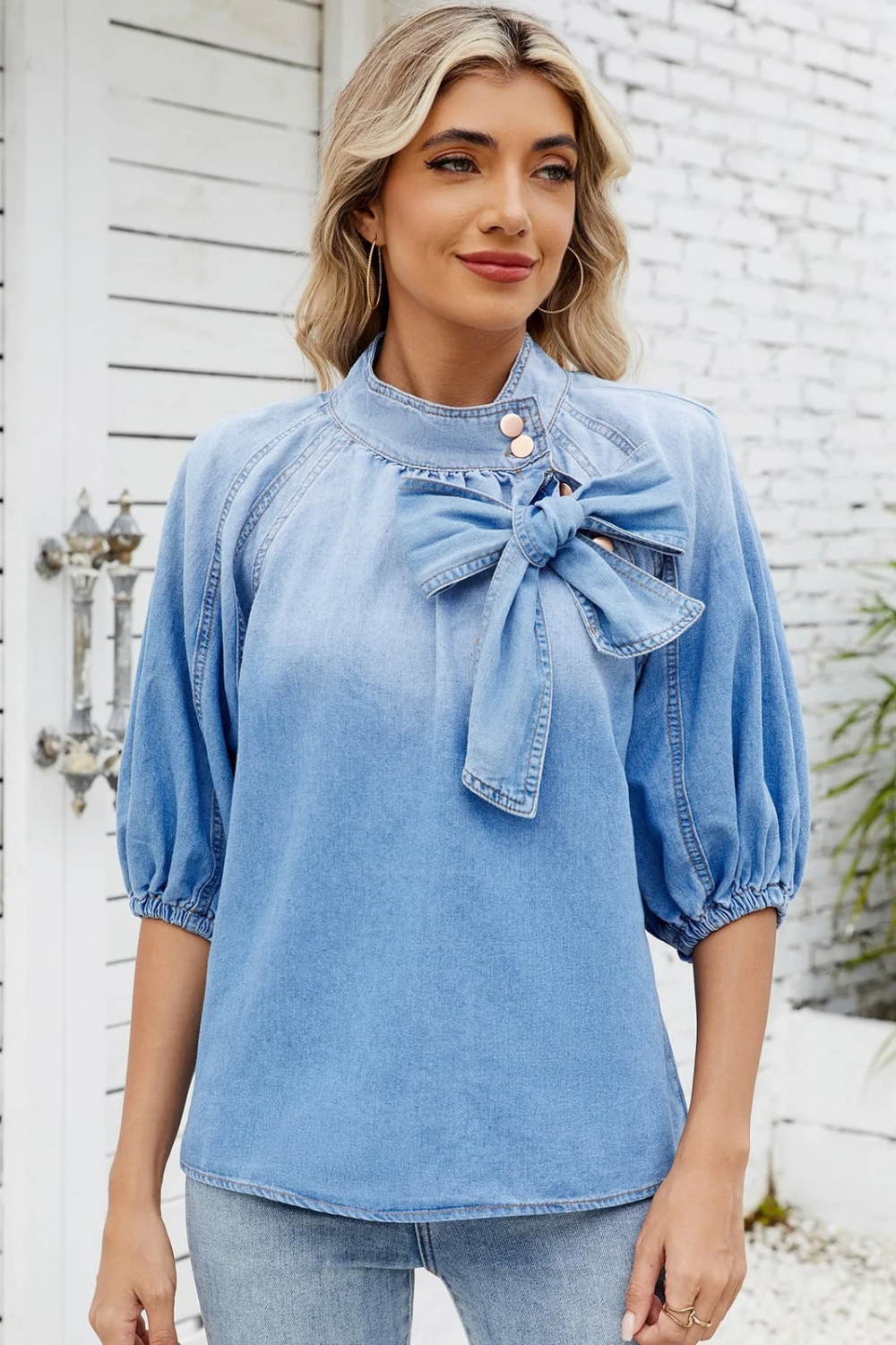 Fashion Curated - Bow Neck Shirt | Mid Blue - Blouse - Silvermaple Boutique 