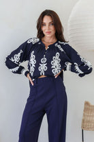 Fashion Curated - Filmore Button Border Top | Indigo/Ivory - Top - Silvermaple Boutique 
