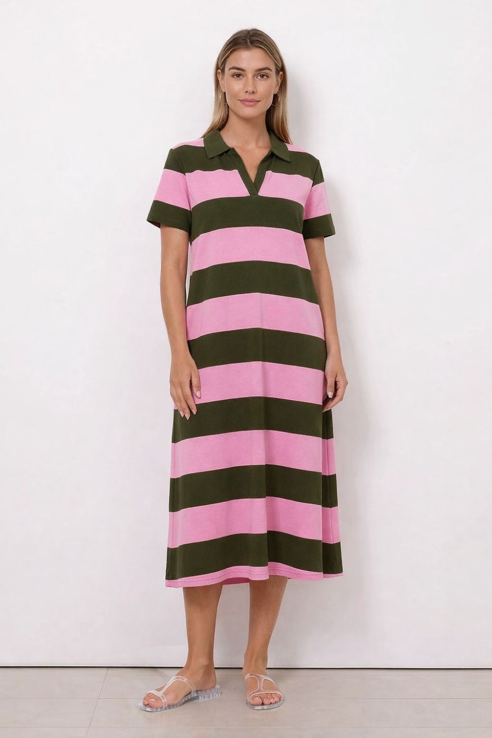 Fashion Curated - Polo Stripe Dress | Khaki/Pink - Dress - Silvermaple Boutique 