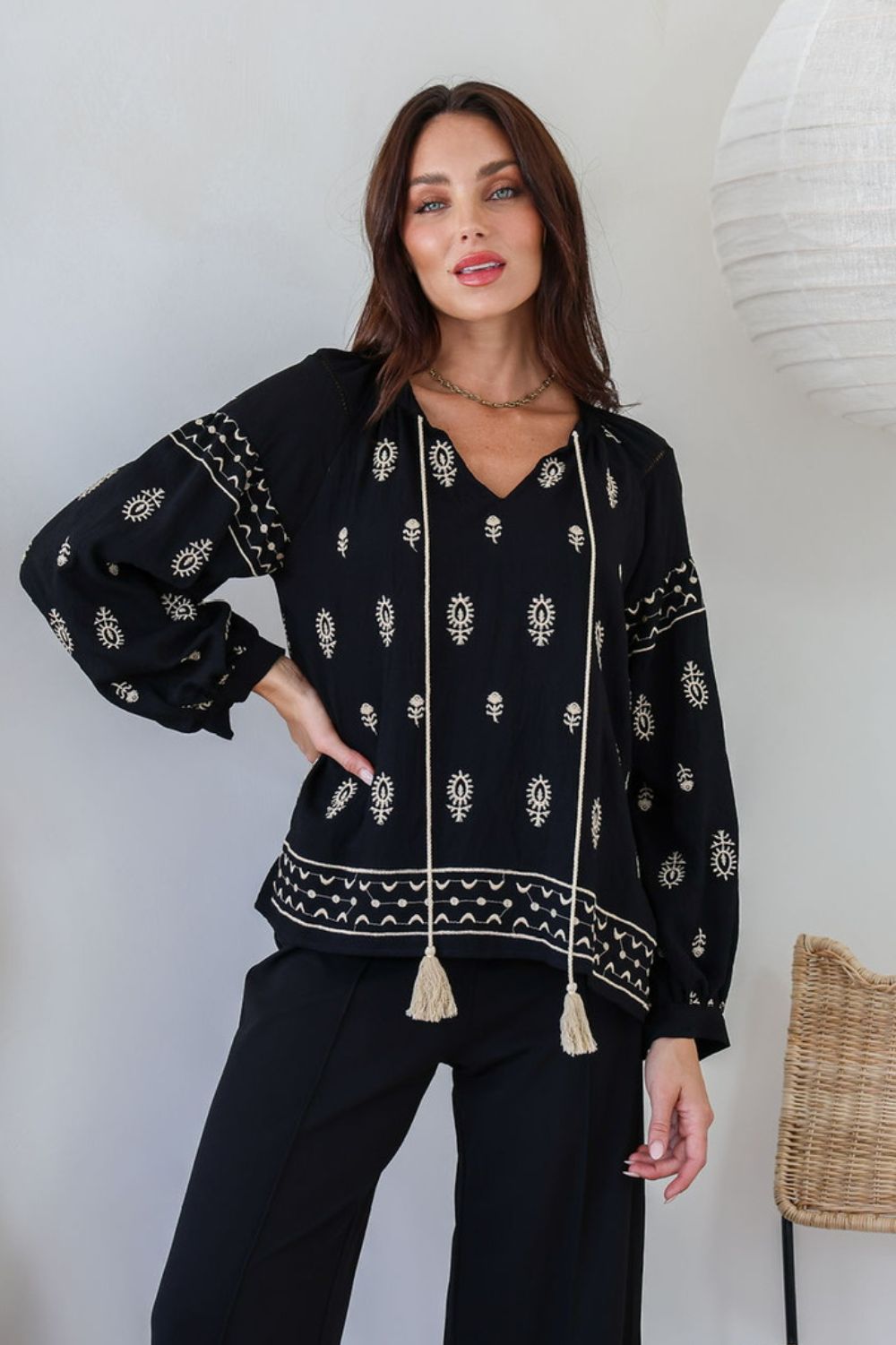 Fashion Curated - Prescott Embroidered Tassel Top | Black - Top - Silvermaple Boutique 