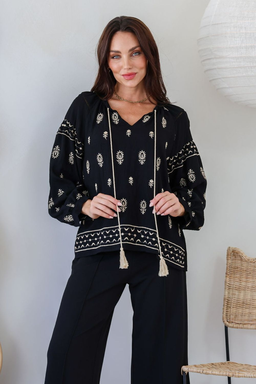 Fashion Curated - Prescott Embroidered Tassel Top | Black - Top - Silvermaple Boutique 