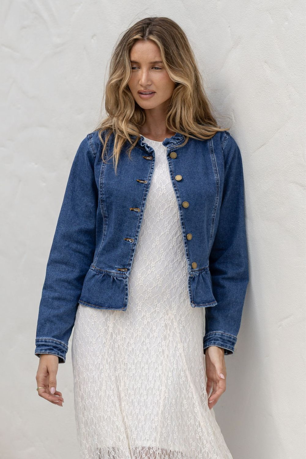 Fashion Curated - Ruffle Denim Jacket | Mid Blue - Knitwear - Silvermaple Boutique 