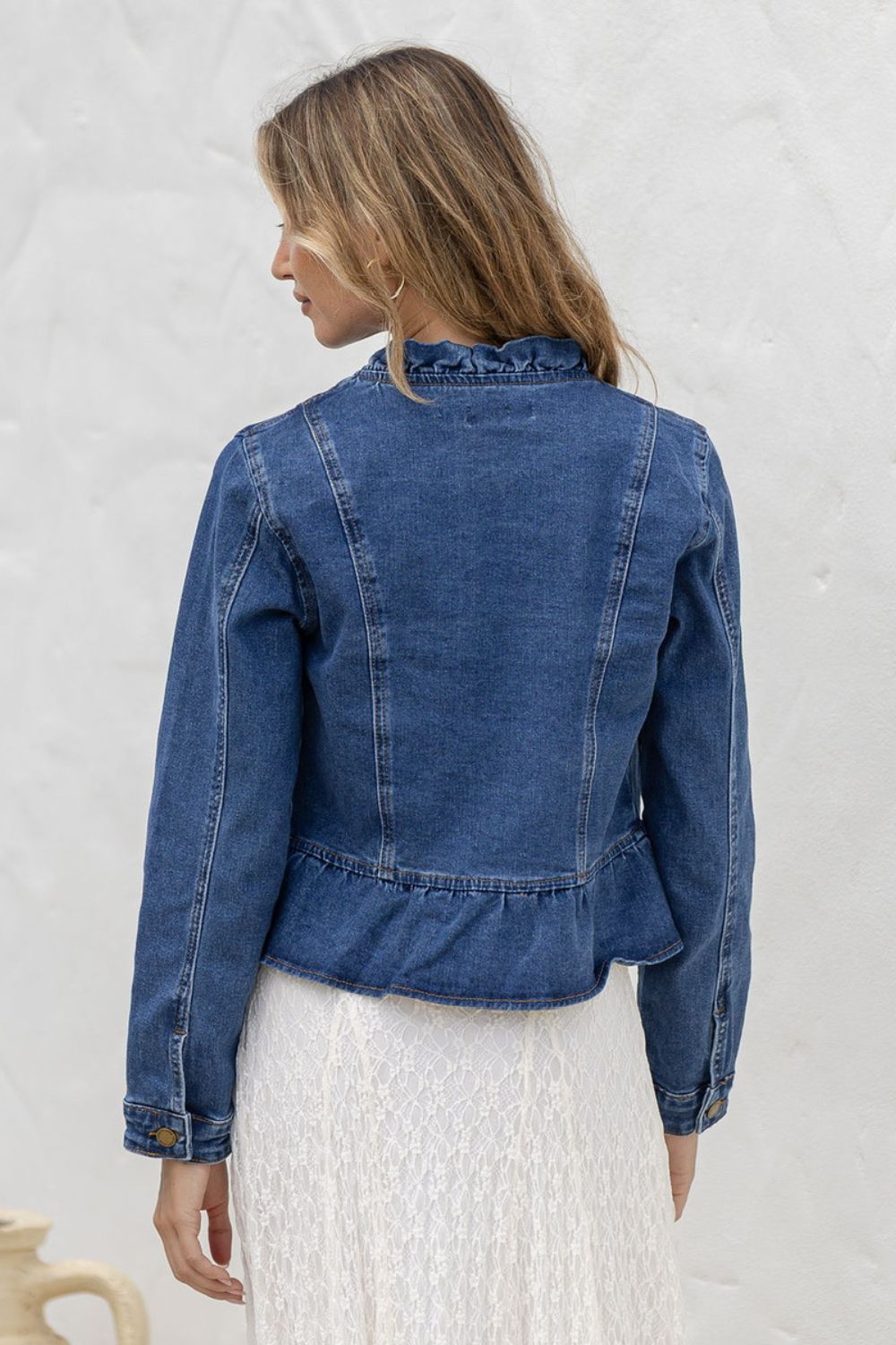 Fashion Curated - Ruffle Denim Jacket | Mid Blue - Knitwear - Silvermaple Boutique 