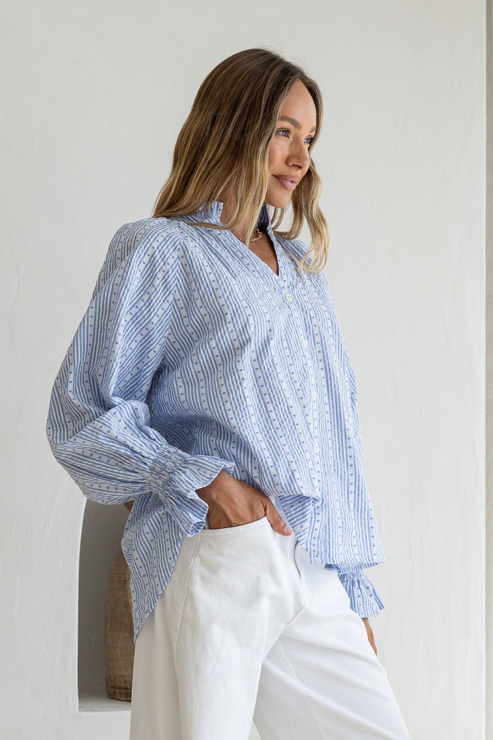 Fashion Curated - Sorrento Stripe Blouse | Powder Blue/White - Blouse - Silvermaple Boutique 