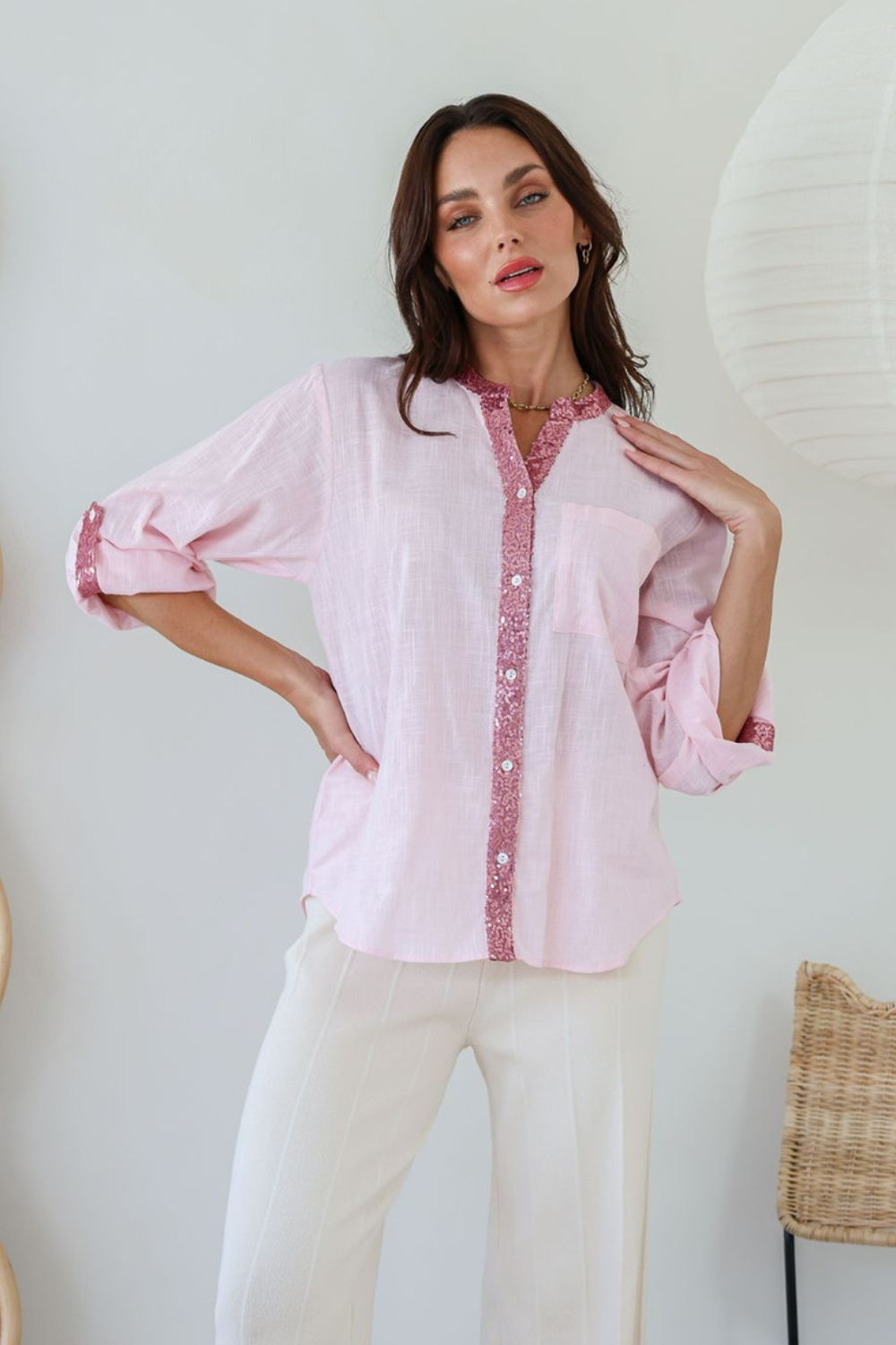 Fashion Curated - Stella Sequin Trim Shirt | Blush - Top - Silvermaple Boutique 