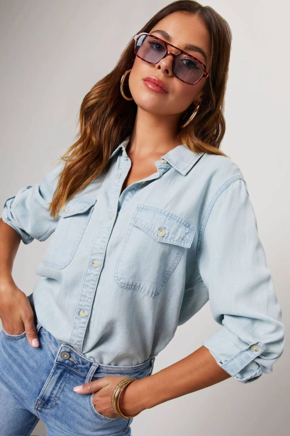 Fashion Express - Chambray Button Shirt | Light Wash Blue - Shirt - Silvermaple Boutique 