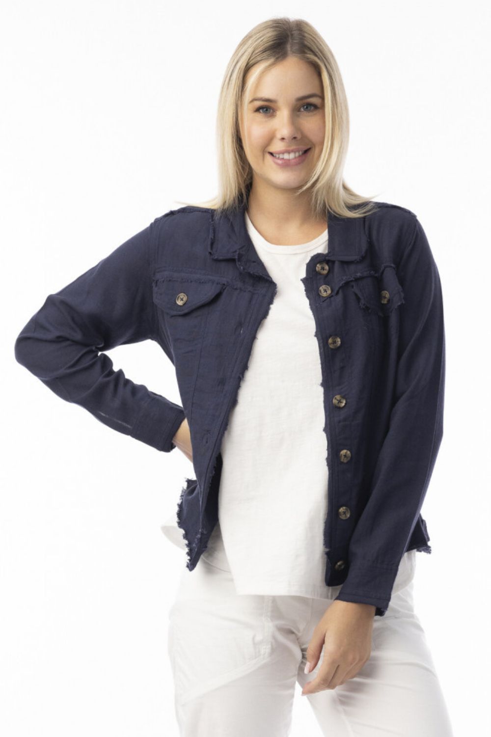 Fashion Express - Linen Essentials Jacket | Navy - Jacket - Silvermaple Boutique 