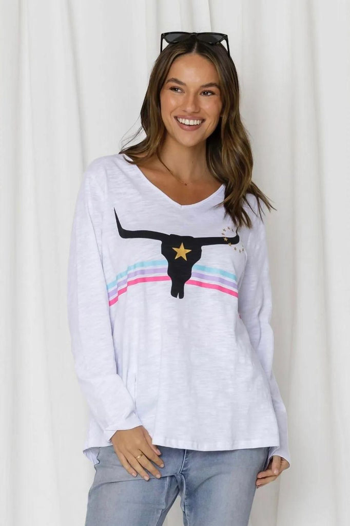 Fashion Express Harley Steer Printed Gold Star Crew | White_Silvermaple Boutique