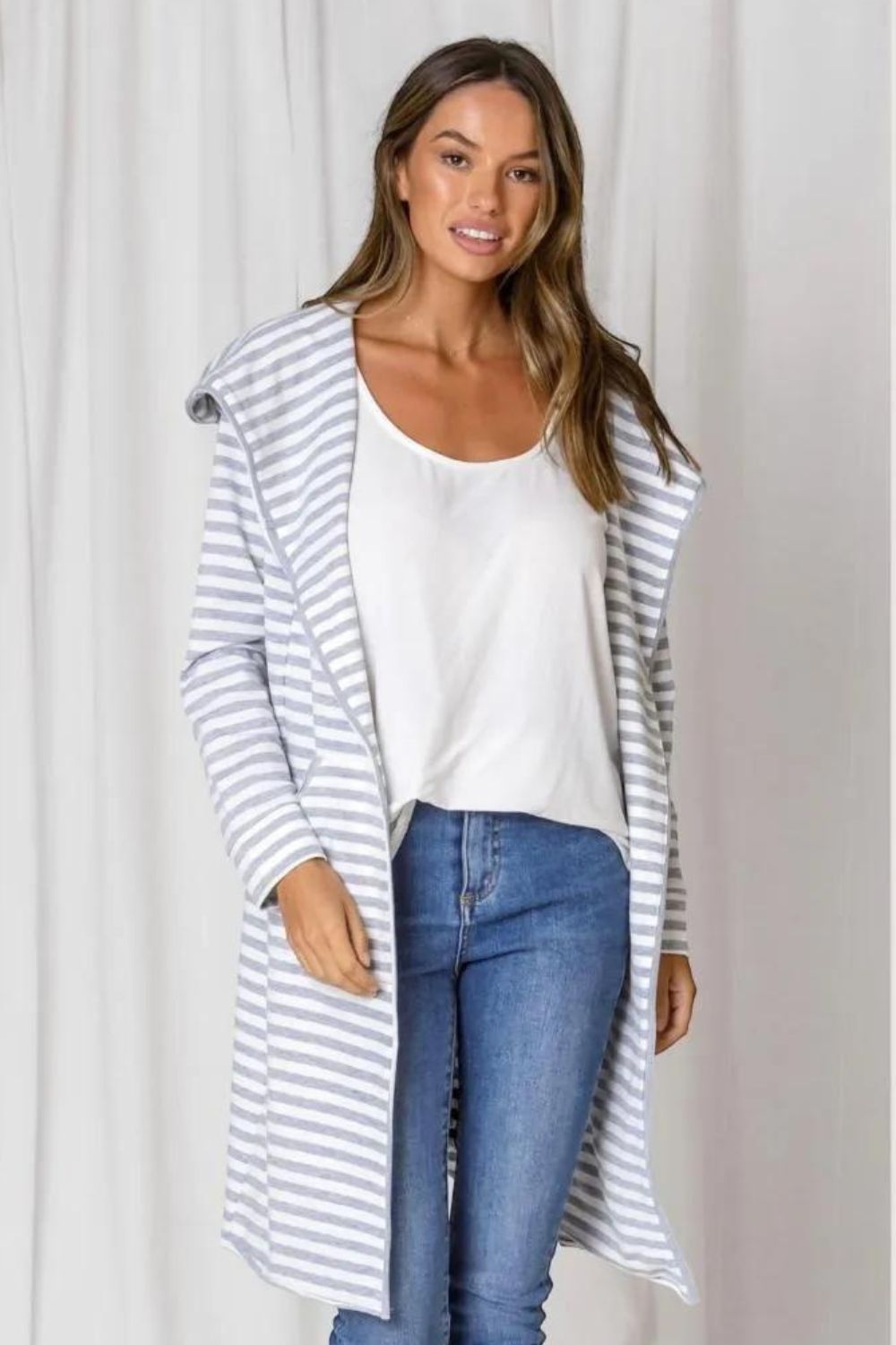 Fashion Express - Hudson Stripe Cardi | Grey/White Stripe - Cardigan - Silvermaple Boutique 