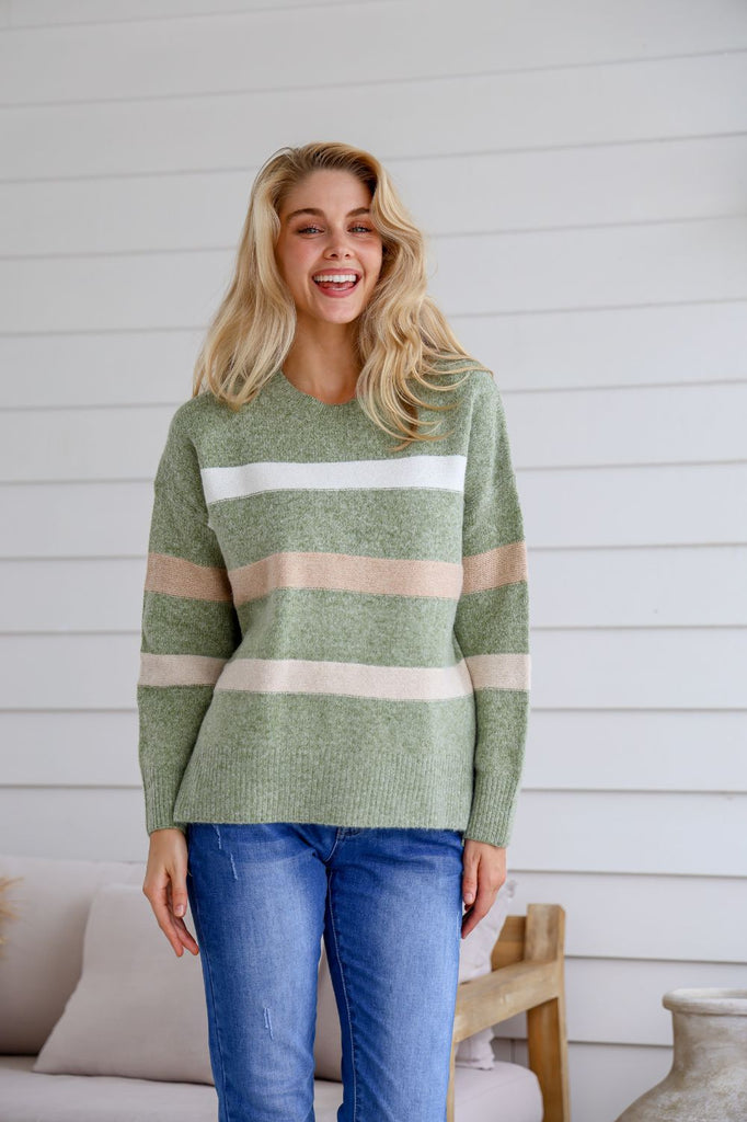 Fashion Express Aspen Stripe Knit | Avocado/Latte_Silvermaple Boutique