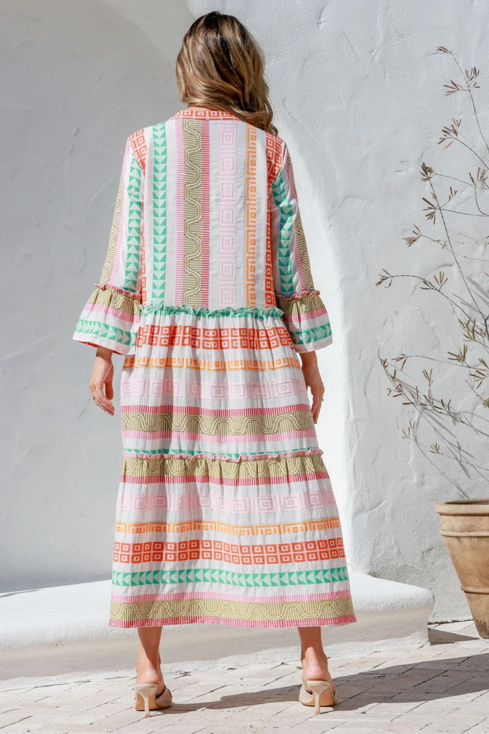 Fashion Express - Mediterranean Jacquard Maxi Dress | Pink/Orange/Green - Dress - Silvermaple Boutique 