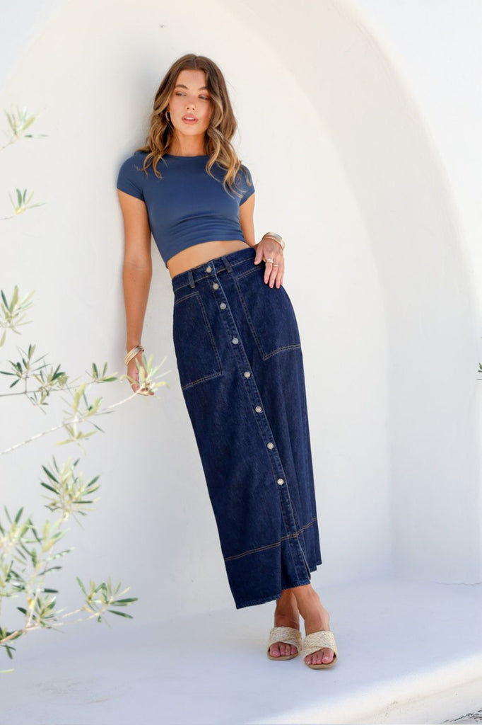 Fashion Express Button Front Maxi Skirt | Dark Blue_Silvermaple Boutique