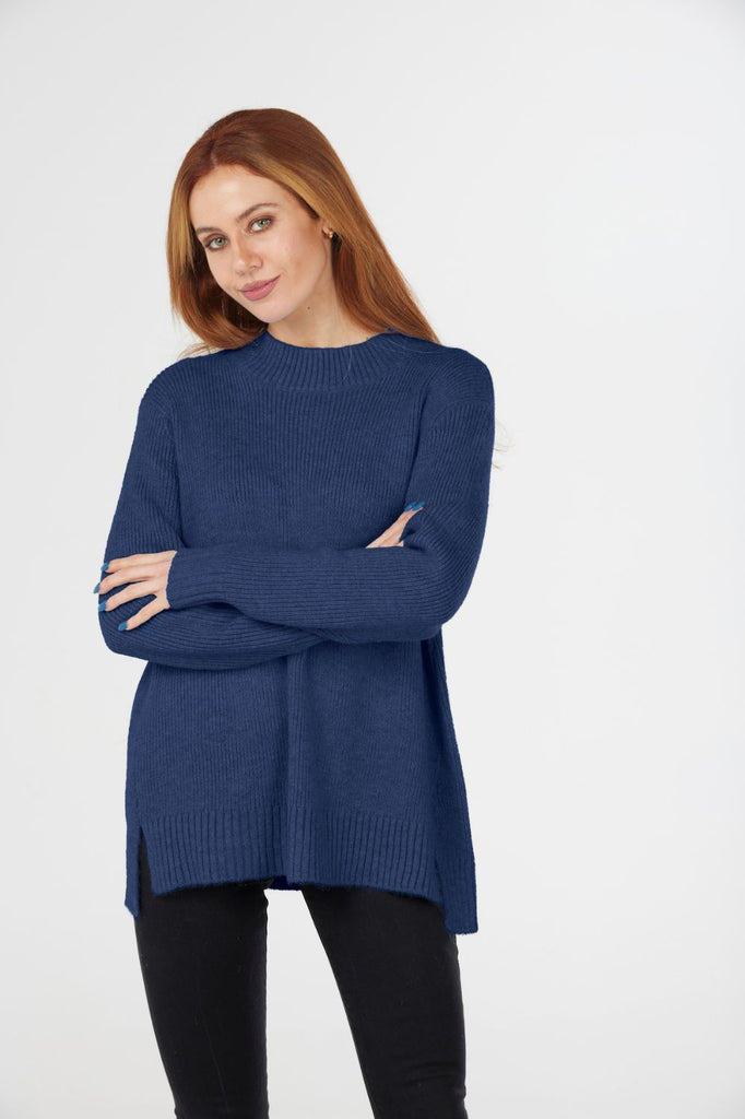 Fields Ribbed High Neck Pullover | Denim _ Silvermaple Boutique