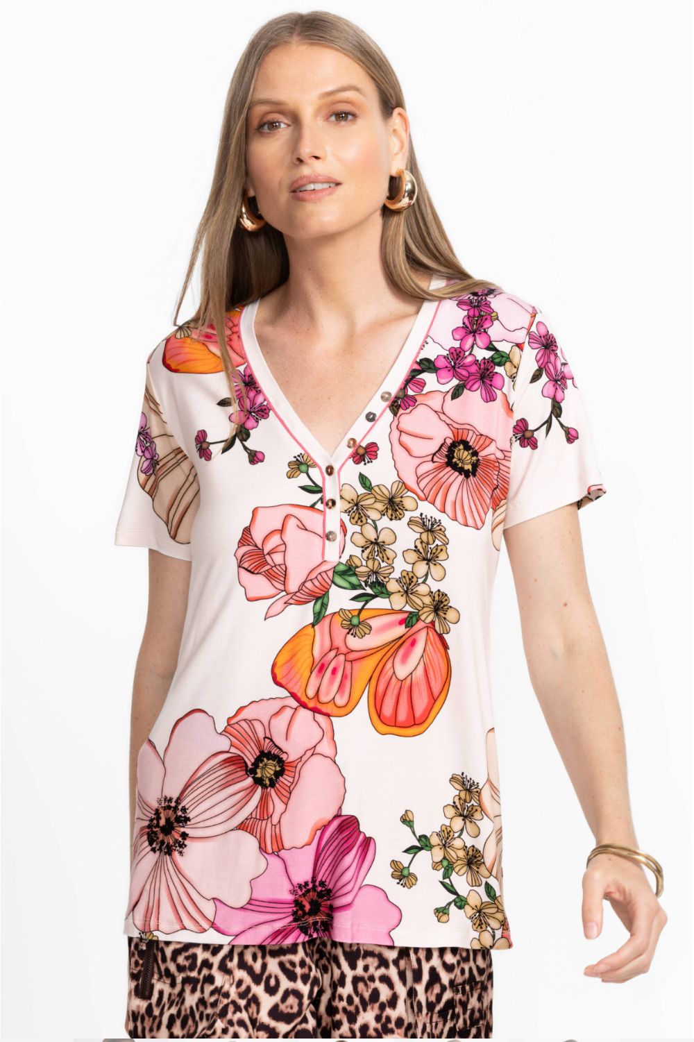 Johnny Was - The Janie Favourite Short Sleeve Henley Tee | Rosabelia - Top - Silvermaple Boutique 