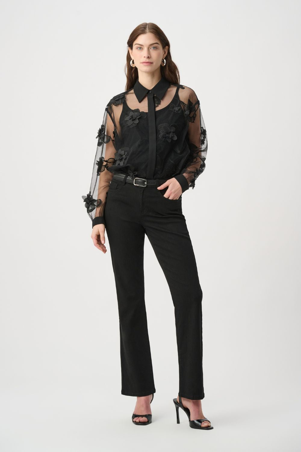 Joseph Ribkoff - Joseph Ribkoff Flower Appliqué Blouse | Black - Blouse - Silvermaple Boutique 