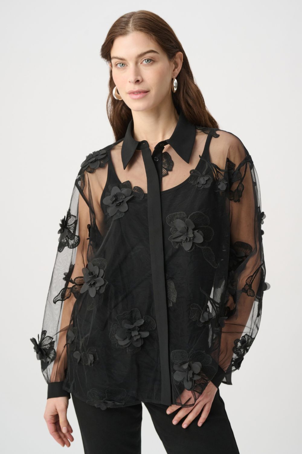 Joseph Ribkoff - Joseph Ribkoff Flower Appliqué Blouse | Black - Blouse - Silvermaple Boutique 