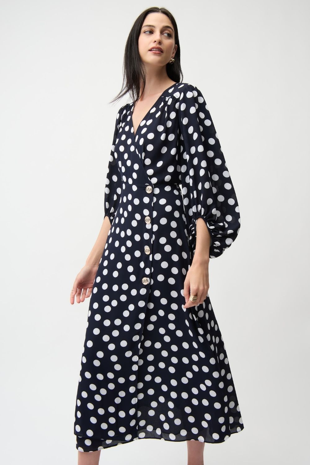 Joseph Ribkoff - Joseph Ribkoff Georgette Dot Wrap Dress | Midnight/Vanilla - Dress - Silvermaple Boutique 