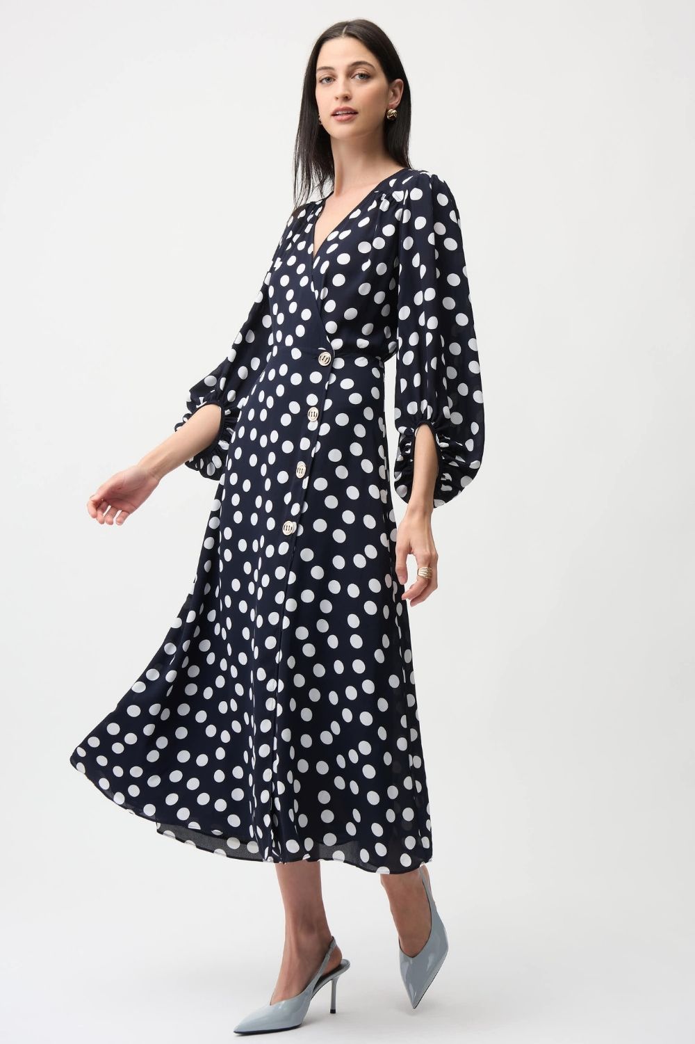 Joseph Ribkoff - Joseph Ribkoff Georgette Dot Wrap Dress | Midnight/Vanilla - Dress - Silvermaple Boutique 