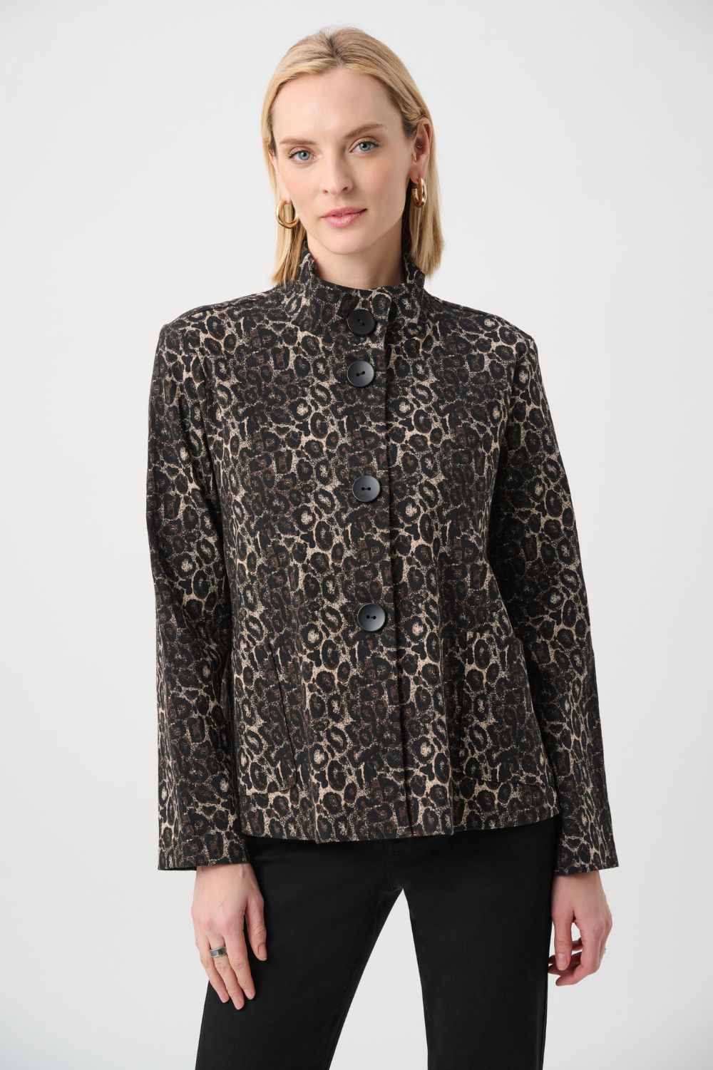 Joseph Ribkoff - Joseph Ribkoff Jacquard Animal Print Trapeze Jacket | Black/Multi - Jacket - Silvermaple Boutique 