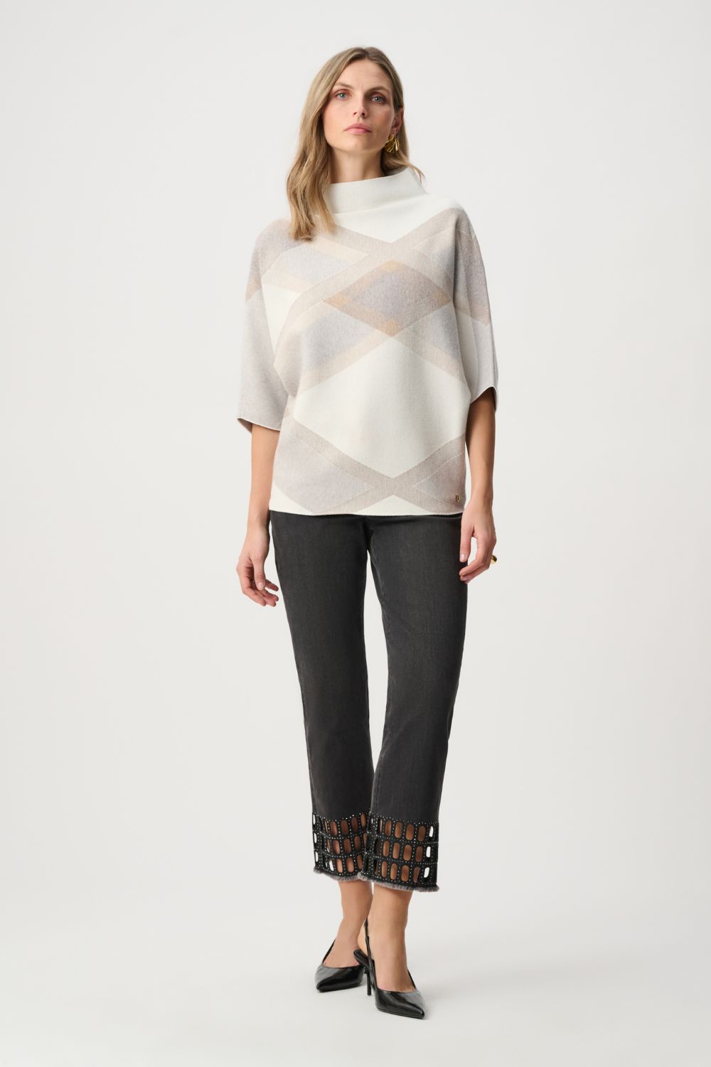 Joseph Ribkoff - Joseph Ribkoff Plaid Funnel-Neck Sweater | Winter White - Sweater - Silvermaple Boutique 