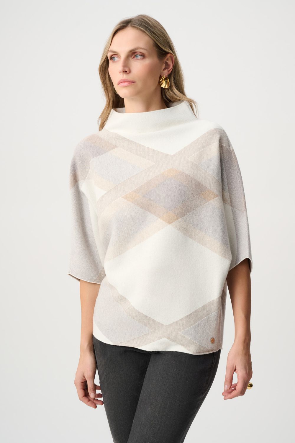 Joseph Ribkoff - Joseph Ribkoff Plaid Funnel-Neck Sweater | Winter White - Sweater - Silvermaple Boutique 