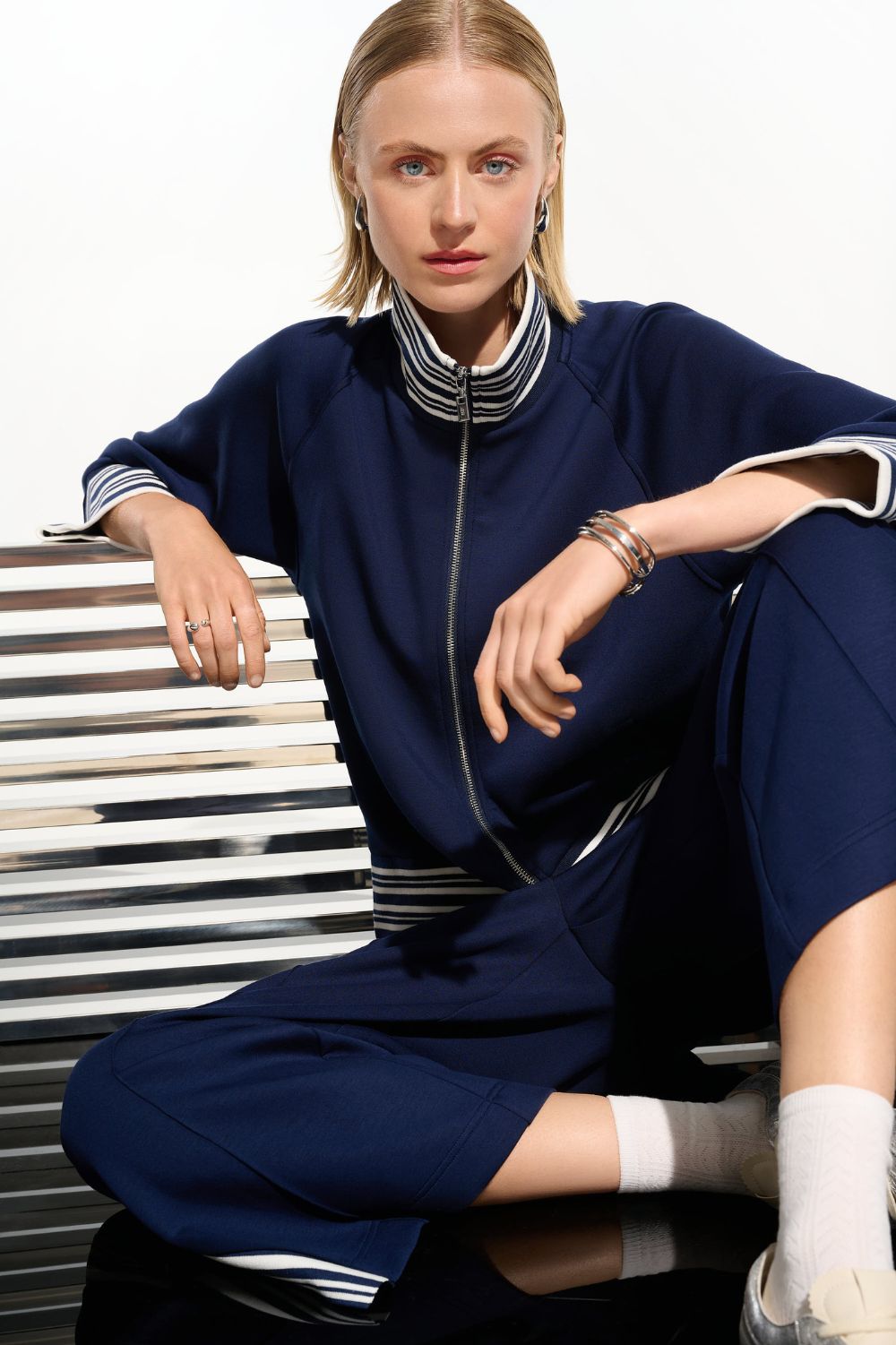 Joseph Ribkoff - Joseph Ribkoff Scuba Jersey Jacket | Indigo/Vanilla - Jacket - Silvermaple Boutique 