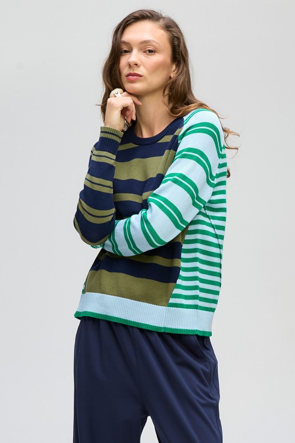 LD+Co - Crazy Stripe Crew | Ink - Knitwear - Silvermaple Boutique 