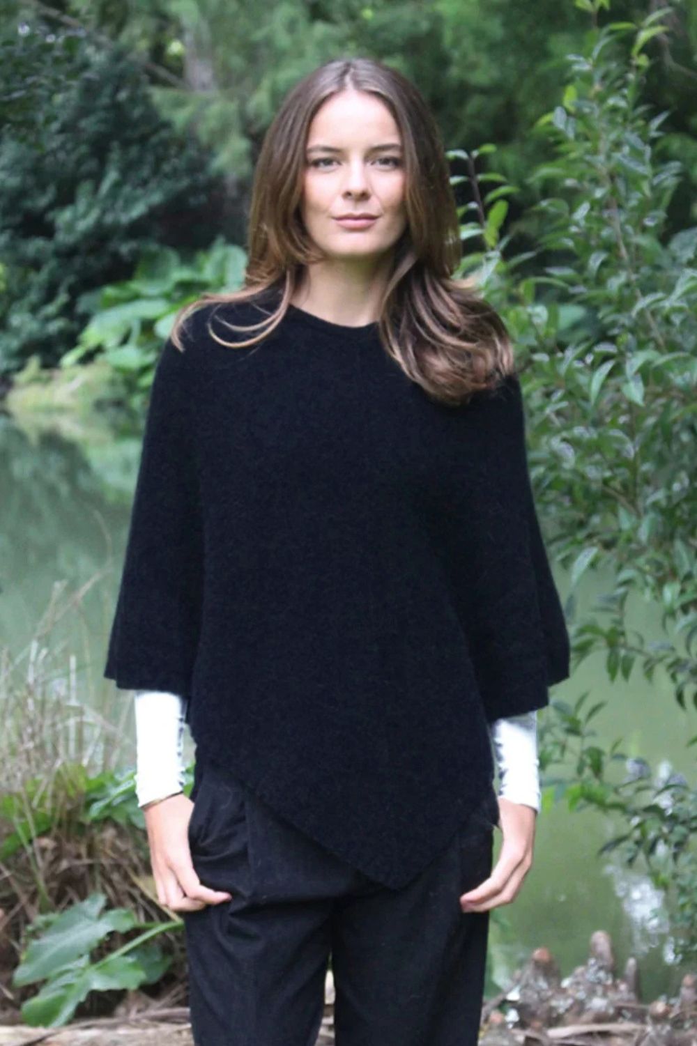 Lothlorian - Lothlorian Plain Possum Merino Poncho | Black - Scarves & Wraps - Silvermaple Boutique 