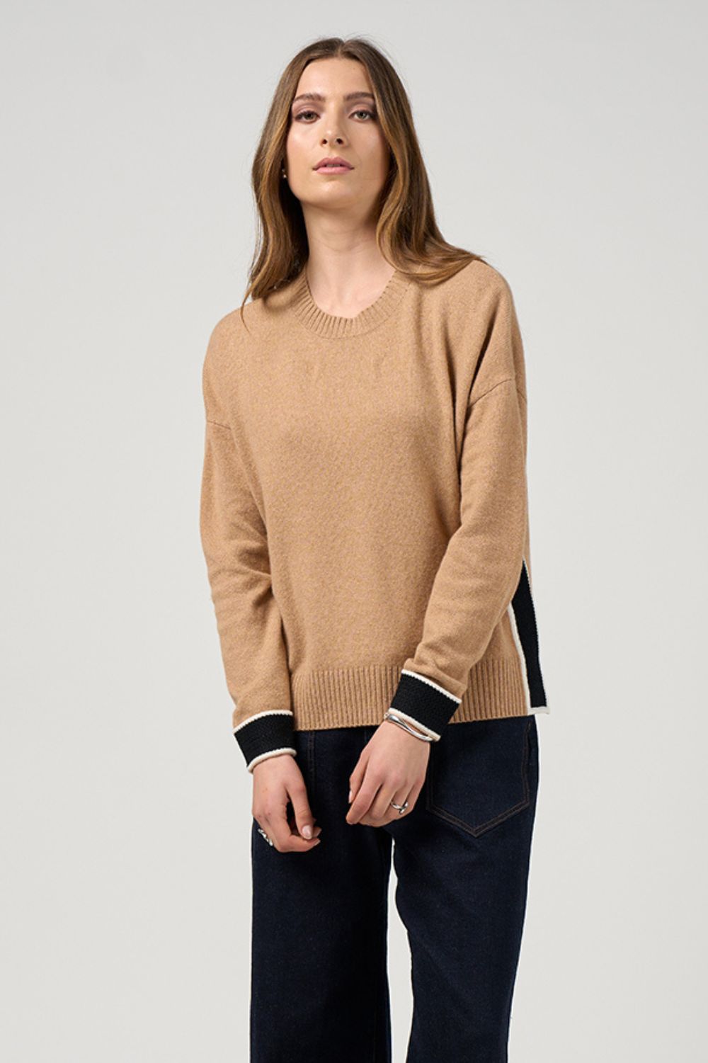Madly Sweetly - Madly Sweetly College Sweater | Camel/Black - Knitwear - Silvermaple Boutique 