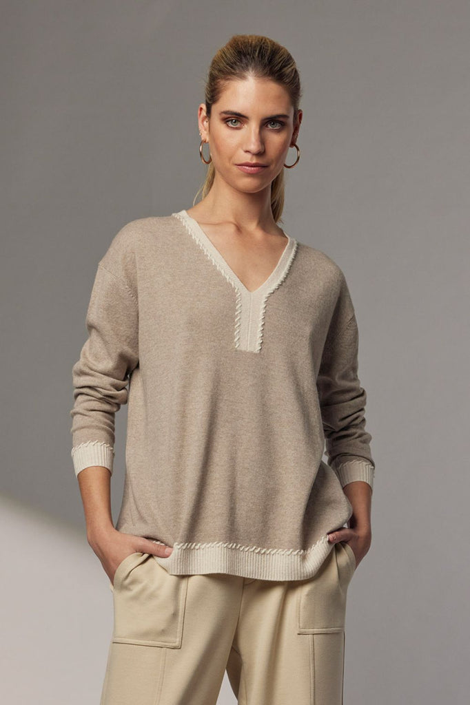 Madly Sweetly Whipped Up V-Sweater | Taupe Multi_Silvermaple Boutique