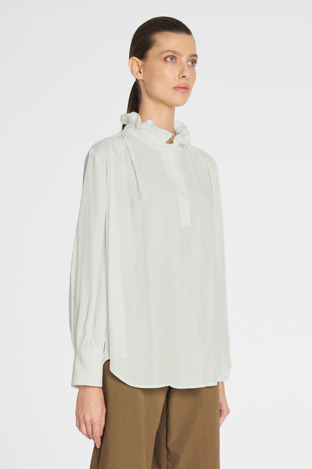 Mela Purdie - Mela Purdie Frill Neck Blouse | Oyster - Blouse - Silvermaple Boutique 